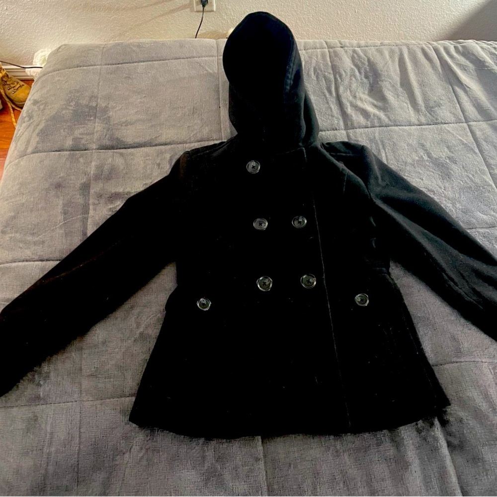 Woman’s black pea coat with hood faux wool
